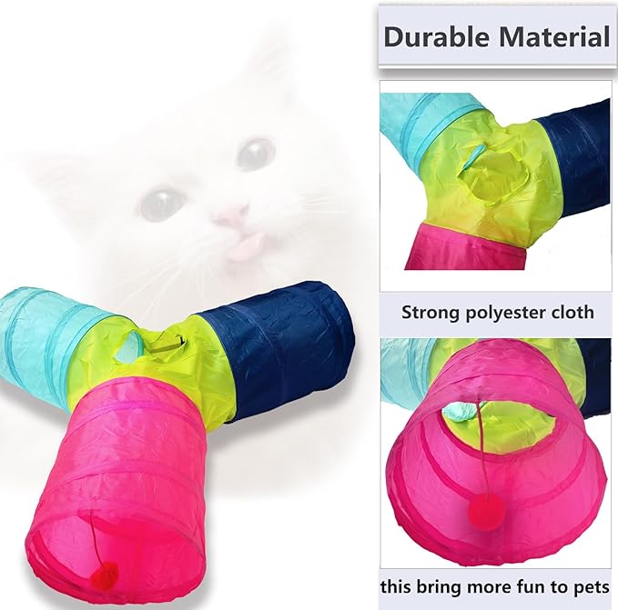 Cat Tunnel Tube Toys，Tunnels for Indoor Cats, 3 Way Colorful Collapsible Interactive Toy with Balls for Rabbits, Kittens, Ferrets, Puppy
