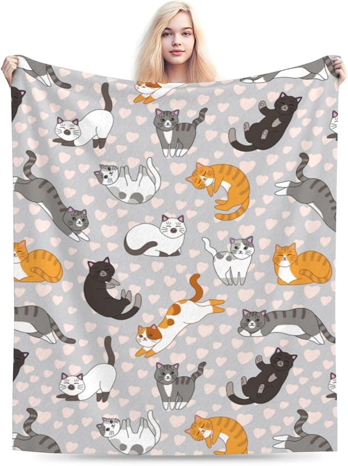 Cute Cat Kawaii Kitten Blanket, Soft Blankets Flannel Bed Throw Cozy Lightweight Plush Gifts for Kids Boys Girls Women Men Sofa Couch Bedroom Living Rooms Warm All Season, Home Decor, 60"x50"