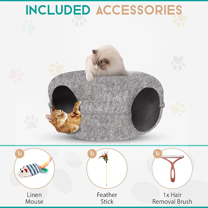 DMMC Cat Tunnel Bed, Detachable Donut Cave for Indoor Cats, Peekaboo Nest Donut for Large Cats, Hideaway Cave 2 Toys & 1 Hair Remover Brush - Washable Pet Tunnel Bed Scratch Resistant (24" Light Grey)