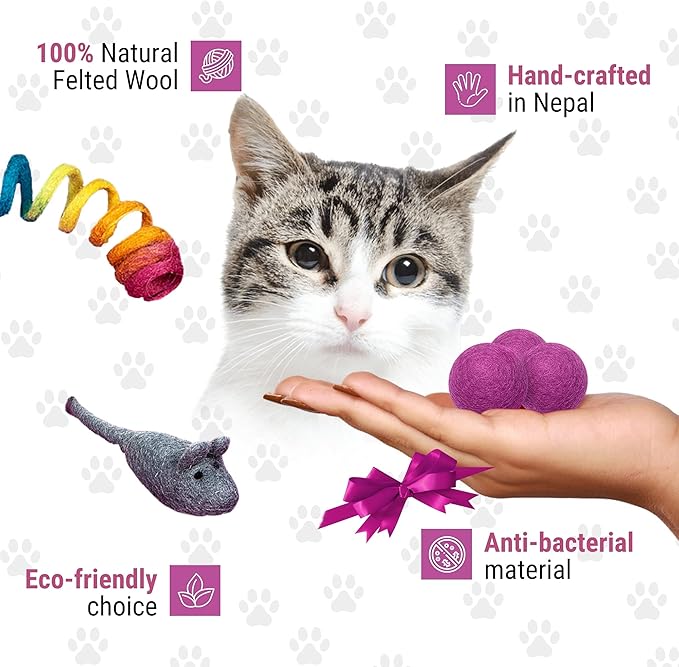 Dragonfly Creek Wool Cat Mat -Fair Trade and Eco Friendly Wool Cat Bed with Felted Wool Cat Toys- Multipurpose Cat Sleeping Bed for Playtime and Napping- Soft and Cozy Felt Cat Cushion