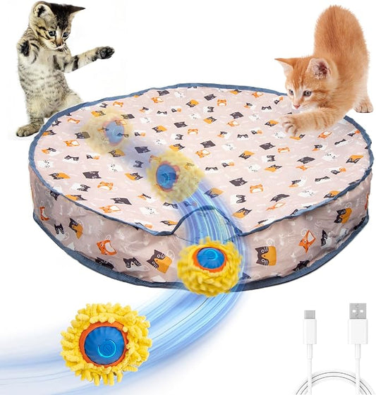 Interactive Cat Toys,Fast Bouncing Ball in Play Mat,Fast Rolling Ball Hide and Seek Game for Indoor Exercise Kicker,Automatic Motion Activated Moving Ball,28 Inch Play Pouch