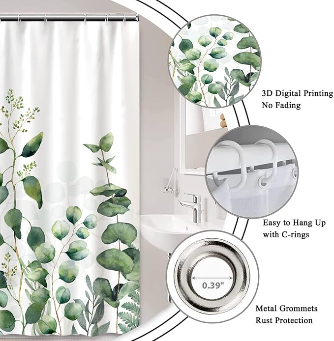 AWERT Small Half Size Stall Shower Curtain with 6 Hooks Shower Stall Curtain 48 x 72 Plant Sage Green Leaves 36 inch Shower Curtain for Bathroom/RV and Camper (Green Leaves)