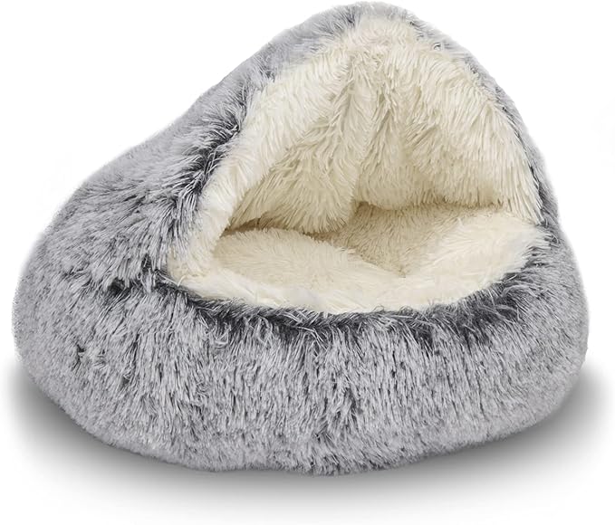 ShinHye Cat Bed Round Plush Fluffy Hooded Cat Bed Cave, Cozy for Indoor Cats or Small Dog beds, Soothing Pet Beds Dog Cave Bed - Waterproof Bottom Washable, (26×26inch, Grey)