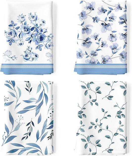 Blue Flower Leaves Tea Towels, 100% Cotton Kitchen Towel Set 20×27.5inch, Multi-Purpose Quick Dry Dish Towels Dishcloths Hand Towels Bar Towels(Set of 4)