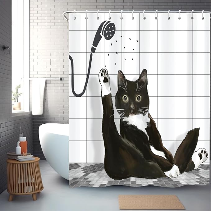 Black Cat Shower Curtain, Funny Kitty Animal Plaid Machine Washable Waterproof Durable Fabric for Bathroom Decor Bathtub with 12 Hooks 72x72