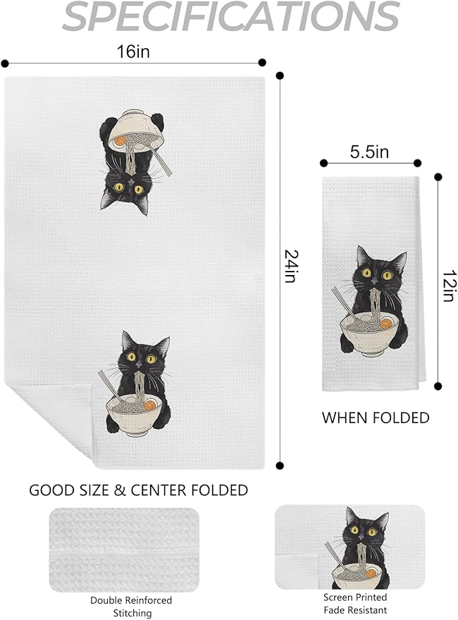 Black Cat Kitchen Towels, Cat Decor Hand Towels for Bathroom, Black Cat Gifts, Cat Gifts for Cat Lovers, Cat Dish Towels Tea Towels for Kitchen, Cat Kitchen Bathroom Decor, 16x24 Inch