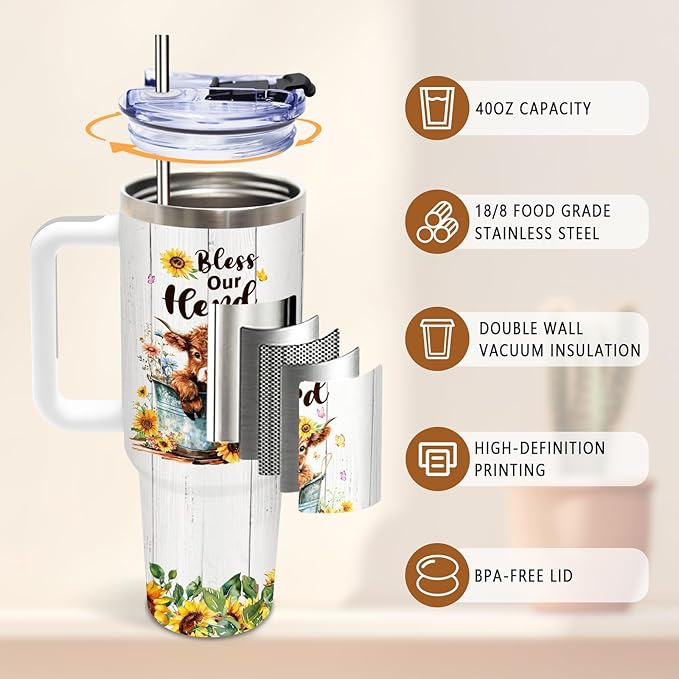 Highland Cow Gift, Cute Tumbler for Women, Highland Cow Decor, Birthday Gifts for Cows Lovers, Sunflower Cows Print Gift Idea, 40 Oz Tumbler with Handle