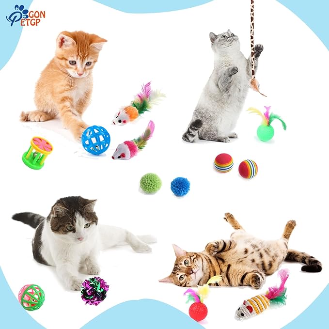Cat Toys Kitten Toys for Indoor Cats Collapsible Cat Tunnels Tube Toy Bundle Pack, Cat Feather Teaser Interactive Feather Toy Fluffy Mouse Crinkle Balls Play for Cat Puppy Kitten