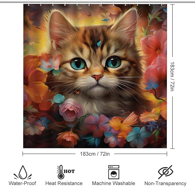 4Pcs Colorful Cat Shower Curtain Sets with Non-Slip Rugs, Toilet Lid Cover and U Shape Bath Mat, Gorgeous Floral Animal Abstract Bathroom Sets Waterproof Shower Curtains with 12 Hooks