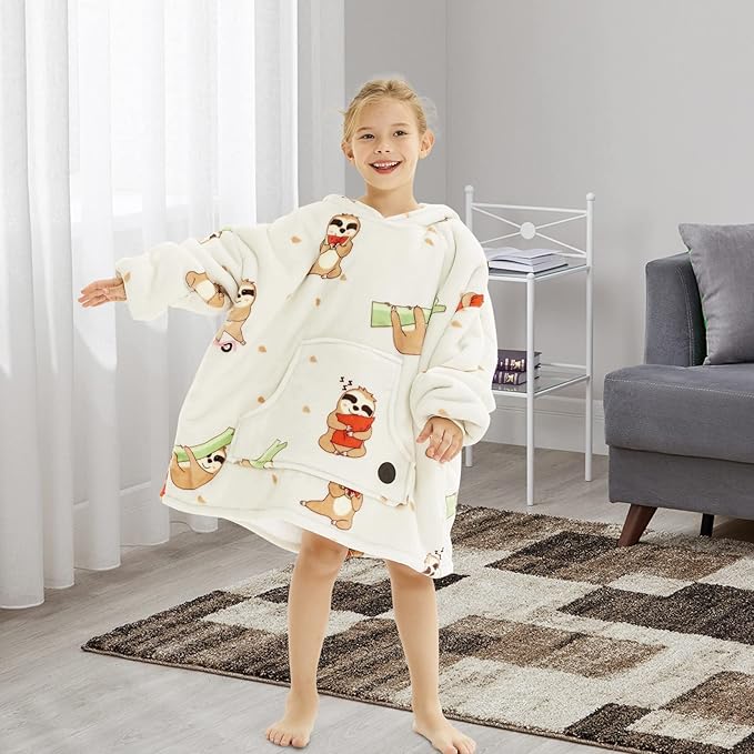 THREE POODLE Wearable Blanket Hoodie for Kids, Oversized Sherpa Sweatshirt Blanket with Giant Hood, Warm Cozy Hooded Blanket, Cute Gifts for Kids Girls Boys