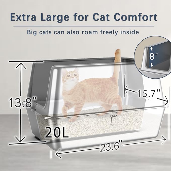 All Stainless Steel Cat Litter Box with Lid,Jumbo XL Metal Litter Box with 13.8''High Sides Cover,Extra Large Enclosed Litter Boxes for Big&Multiple Cat,Anti Urine Leakage,Odor Free,with Metal Scoop