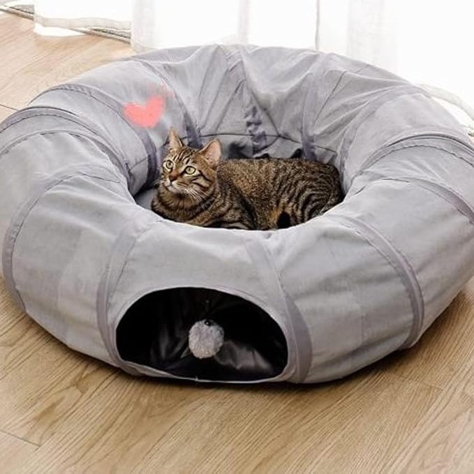 Cat Tunnel Bed for Indoor Cats，Large cat Donut Tunnel 3 Forms Peekaboo cat cave with Washable Cushion Multifunctional Cat Toys for Cats Rabbit,Cat Bed + Cat Tunnel+Cat Toys (Cat Tunnel Bed no Plush)