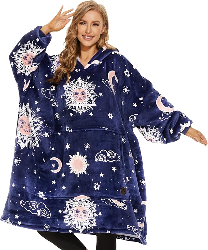 THREE POODLE Wearable Blanket Hoodie, Glow in The Dark Oversized Hoodie Blanket, Sherpa Hooded Blanket Sweatshirt for Adults Women Men Kids, Cozy Gifts