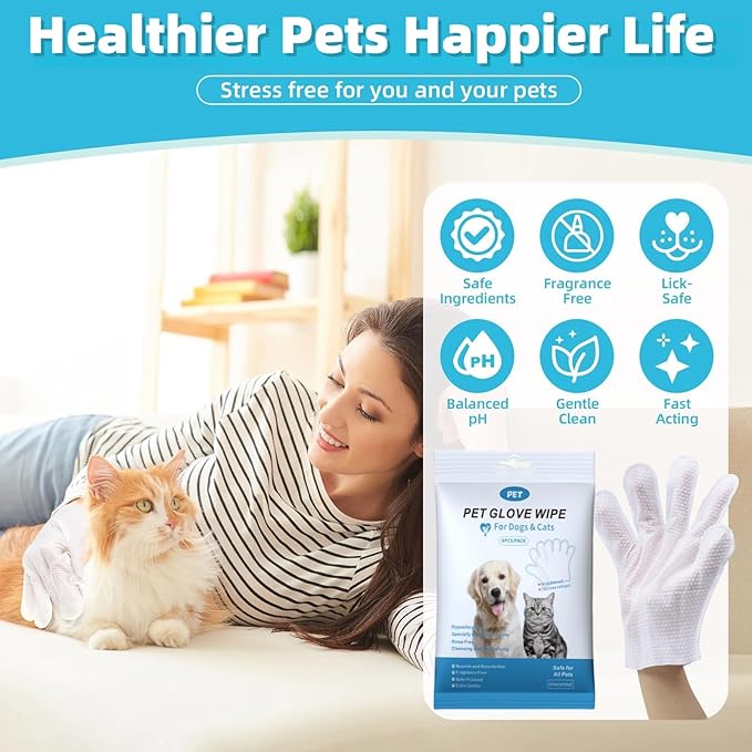 Extra Thick Pet Bathing Wipes for Dogs & Cats,Cleaning & Deodorizing Grooming Gloves,Nourish Fur Glove Wipes for Daily Care and Traveling,Rinse Free,Unscented,3 Pack,18 PCS
