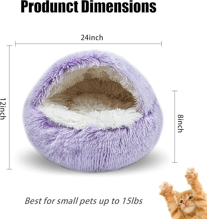Calming Dog Beds & Cat Cave Bed with Hooded Cover,Washable Round Beds for Small Medium Pets,Anti-Slip Faux Fur Fluffy Coved Bed,Comfortable Warming Pet Bed(24 * 24inch,Purple)