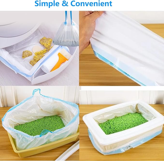 40 Count Cat Drawstring Litter Box Liners 26.6x16.7 inches 2Mils Super Thick White Cat Litter Waste Bags Poop Bags for Self-Cleaning Litter Box Cat Litter Pan Trays (Blue Drawstring 40 count)