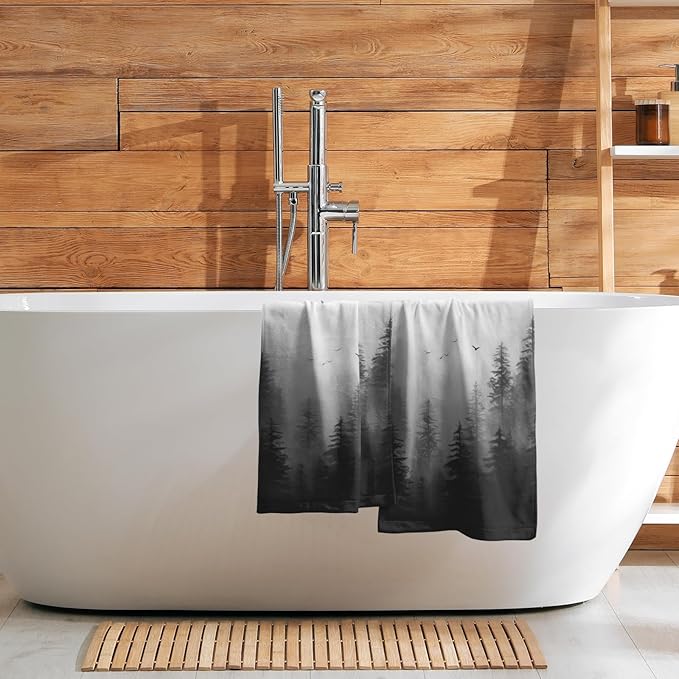 Black Misty Forest Hand Towels Set of 2 Mountain Woodland Soft Absorbent Face Bath Towel Dish Towel Bathroom Kitchen Towel Decor Gift