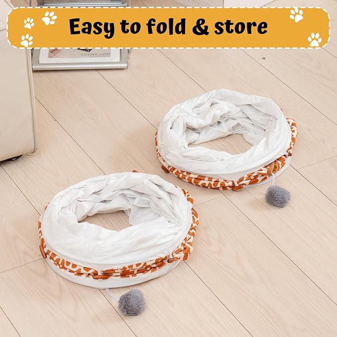 Avont Cat Tunnel Bed with Central Washable Cushion - Large Cat Tunnel Tube Toys 3 Shape to Play for Indoor Cats Kittens Puppies Ferret, Round Plush Fluffy Cat Bed with Tunnels -Giraffe