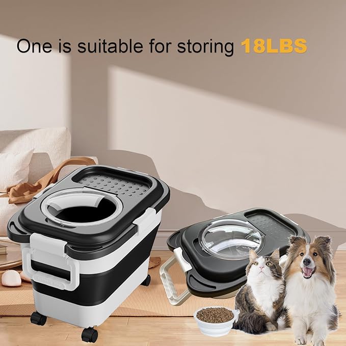 Dog Food Storage Container,Collapsible Dog Food Container with Travel Silicone Bowl and Scoop for Dog/Cat/Bird Food,Keep Dry Food Fresh,Easy to Move.(Black 18LB)