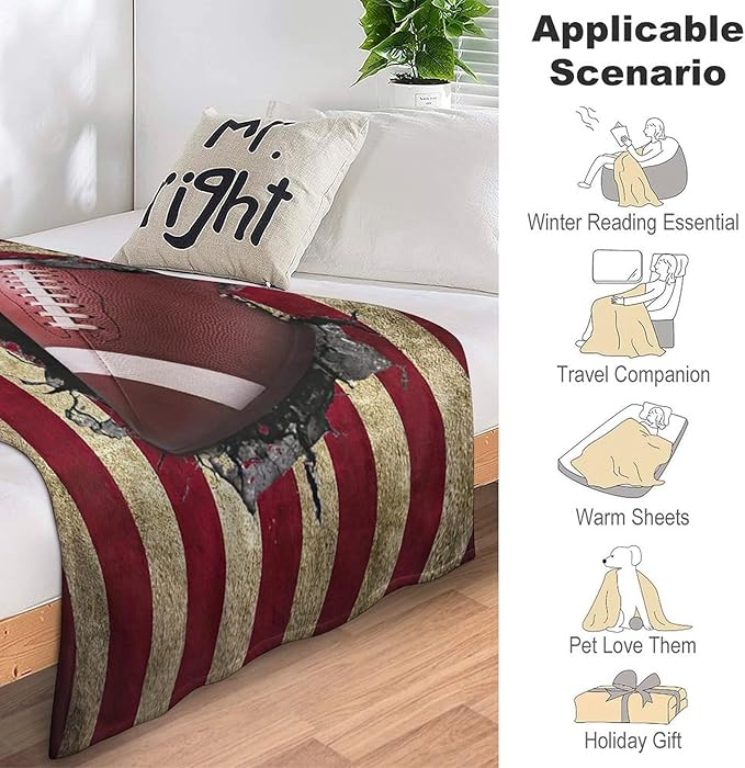 Football Print Blanket American Flag Sports Throw Blankets for Couch Room Stuff Decor Boys Girls Team Gifts Accessories Fleece Plush Flannel Bedding for Lover Men Women College Players Teen 60"x80"