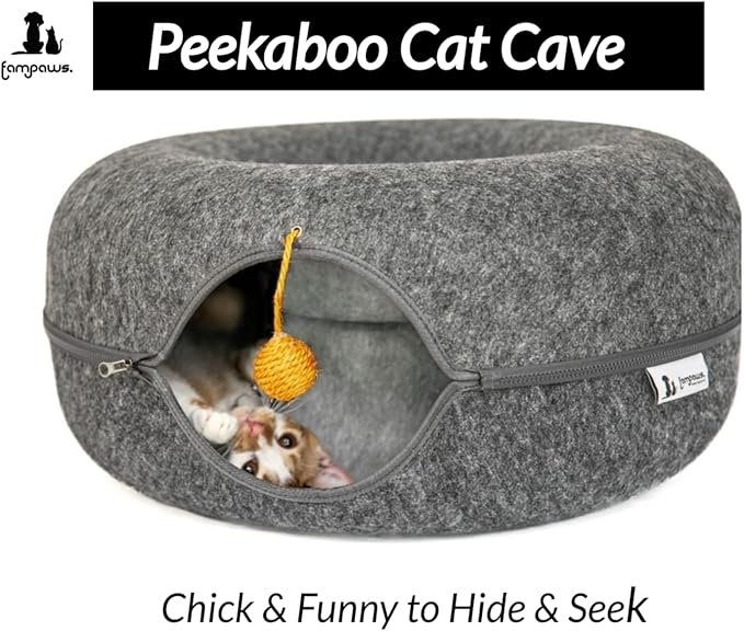 Large (24 Inch) Peekaboo Cat Cave for Multiple & Large Cats, Cat Caves for Indoor Cats Up to 30 Lbs, Scratch Detachable & Washable, Cat Tunnel Bed (Dark Grey)