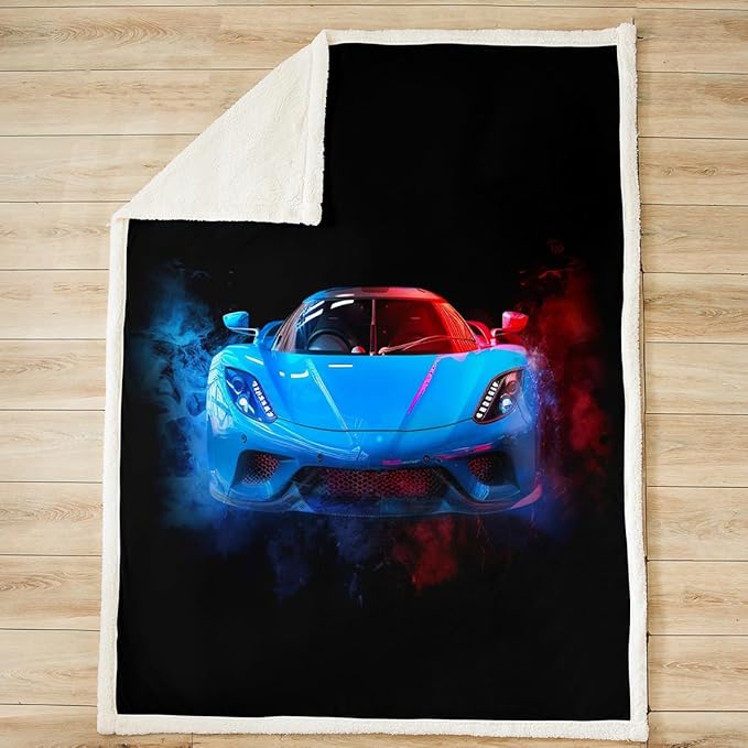 Race Car Fleece Throw Blanket for Bed Sofa Couch Boys Men Speed Sports Car Sherpa Blanket Decorative Extreme Sports Theme Plush Blanket Soft Blue Automobile Fuzzy BlanketQueen 90"x90"