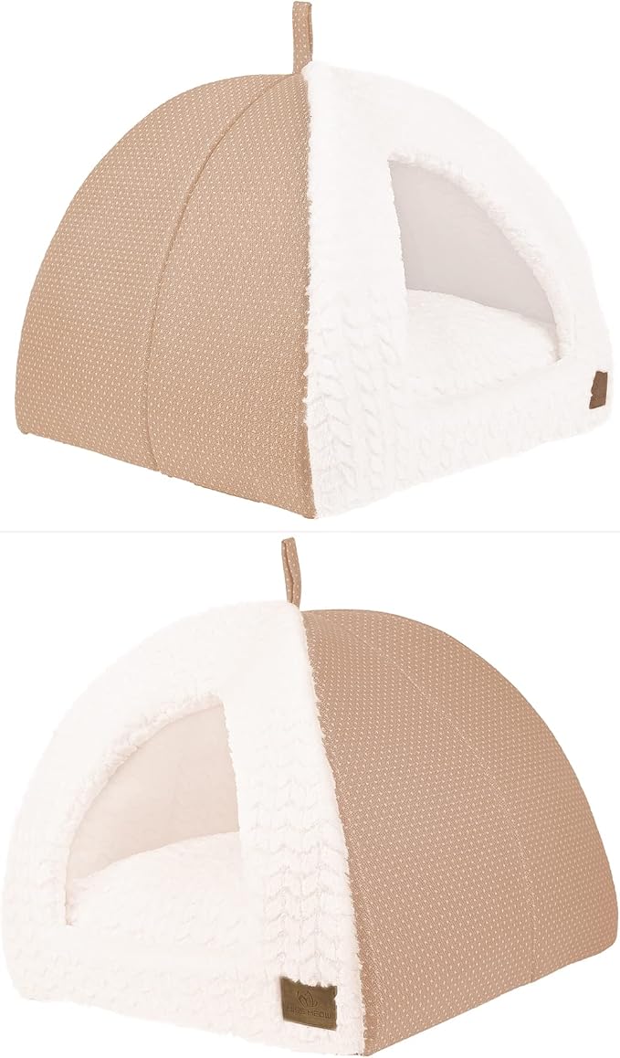 Cat Dog Tent Triangle Bed Removable Cushion Cover Two Way Conversion (Medium, Beige Linen)