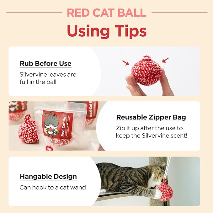 JAYU PET Red Cat Ball - Catnip Inside Cat Toy, Handmade Silvervine Ball Toys, Cat Toys for Indoor Cats, Interactive Matatabi Cat Ball Toy, Feline Kitten Toys, Cat Gifts (2.7 inch)
