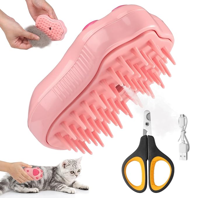 2Pcs Steamy Cat Brush - 3 in1 Cat Steamy Brush,Silicone Massage Grooming Brush with Water,Pet Hair Cleaner Brush Comb for Cats Dogs(Pink)