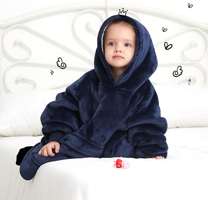 KFUBUO Wearable Blanket Hoodie for Kids Toddlers Sherpa Blanket Sweatshirt With Pocket Cute Hoodies 2-6 Year Old Girl Boy Birthday Gifts Navy