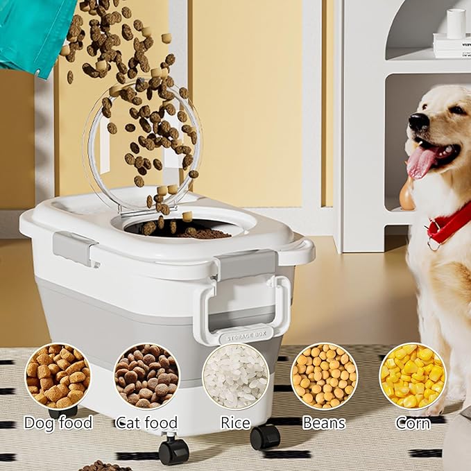 Dog Food Storage Container 2PCS*18LB,Collapsible Dog Food Container with Travel Silicone Bowl and Scoop for Dog/Cat/Bird Food/Cat litter,Keep Dry Food Fresh,Easy to Move.(Green+Brown)