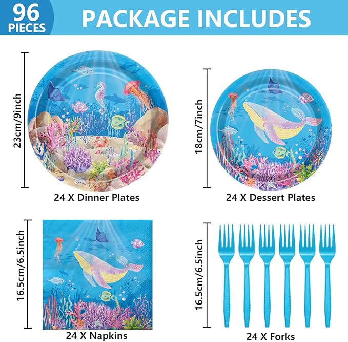 96PCS Under the Sea Party Decorations Ocean Sea Birthday Tableware Underwater World Paper Plates Ocean Animal Plates Napkins Dinnerware for Baby Shower Party Supplies, Serves 24