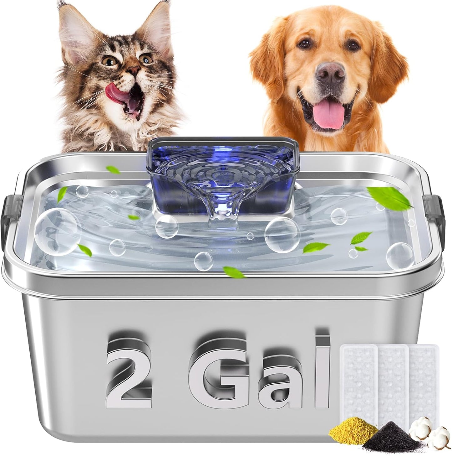 Dog Water Fountain for Large Dogs 2Gal/264oz Large Capacity Pet Water Dispenser Stainless Steel Water Cat Fountain Automatic Dog Water Bowl Dispenser with 3 Filters Ultra Quiet Pump Easy to Clean