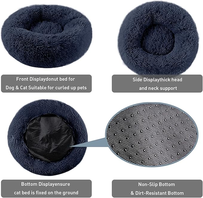 BinetGo Dog Bed Calming Cat and Dog Beds, 20 inches Navy Cat Bed, Black/Pink/Beige Puppy Bed,Original Calming Donut Cat and Dog Bed in Shag Fur– Machine Washable, Anti Slip Waterproof Bottom