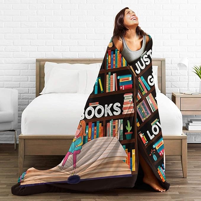 Books Blanket Reading Throw Blanket Just A Girls Who Loves Books Decor Stuff Merch Cozy Print Flannel Fleece Soft Plush Fuzzy Warm Lightweight Bedding Read Books Gifts for Women Kids 50"X40"