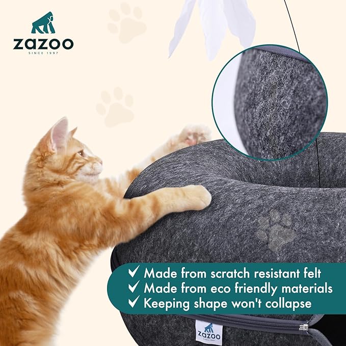 ZAZOO Peekaboo CAT CAVE, Large Size CAT Tunnel with Feather Stick and Playing Holes, Comfy CAT Donut, SCREATCH Resistance & Washable CAT Bed CAVE for Large & MULTIPALE Cats UP to 30LBS.