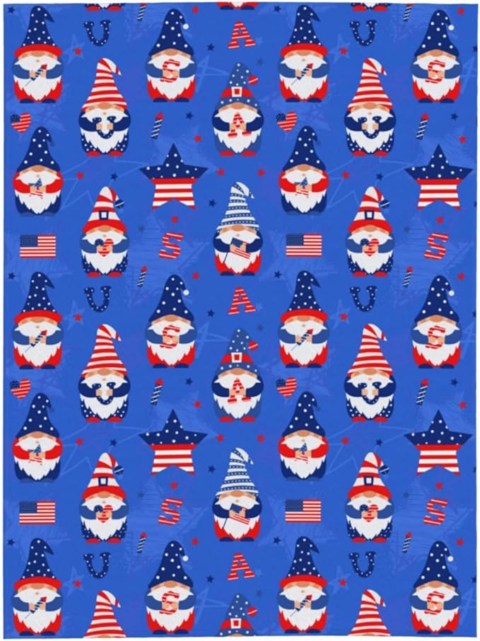 American Gnome Patriotic Blanket Throw 80"x60", Plush Flannel 4th of July Memorial Day Blanket, Soft Warm Decorative for Kids Women Adults