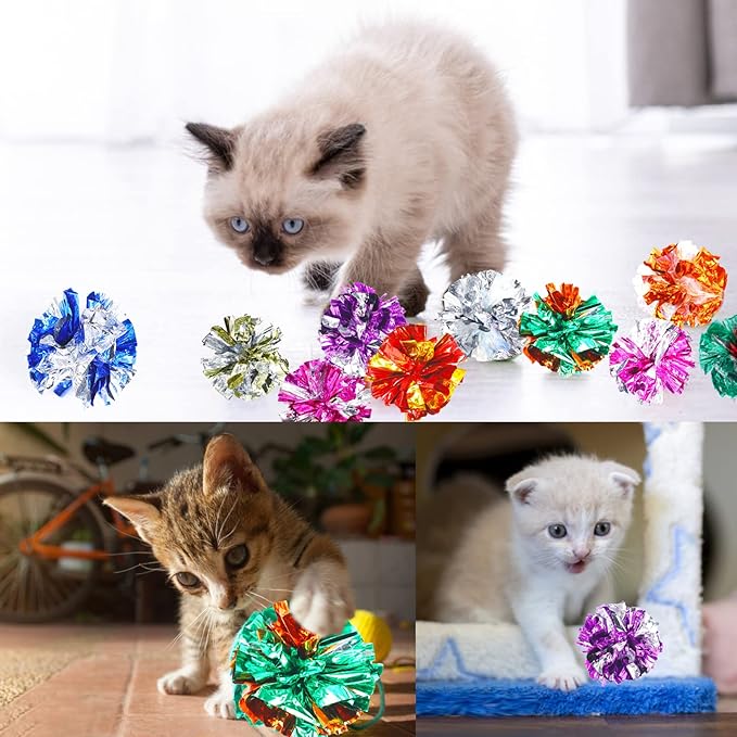 LOMIMOS 20PCS Cat Crinkle Balls Toy,Colorful Interactive Mylar Cat Toy for Indoor Kitten Exercise Play Chase Swat Bite Hunt Keep Pet Fit Active (2.5 in)