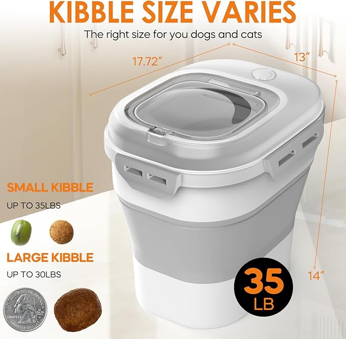 30-35Lbs Dog Food Storage Container,Collapsible Dog Food Container with Transparent Airtight Lids,Wheel,Date Track,Pet Food Storage Container for Rice,Scoop and 2pcs Small Containers (Clear-35LBS)