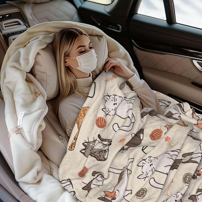 Kids Cats Print Blanket Throw 50"x40", Plush Flannel Blankets with Cats On It, Soft Warm Decorative for Kids Women Cat Lovers