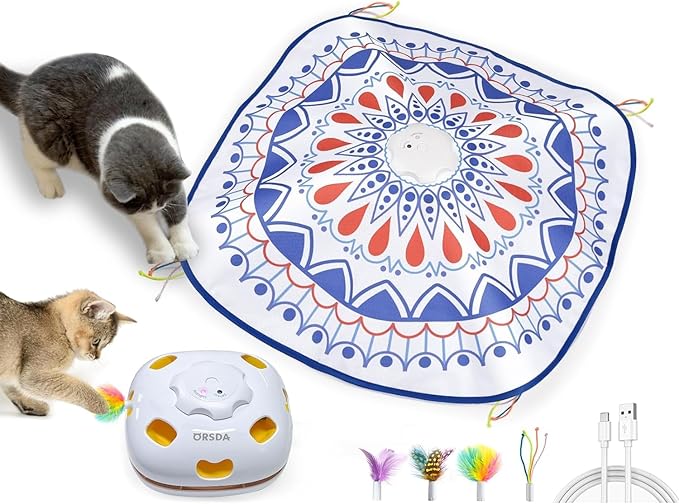 ORSDA Cat Toys, 4 in 1 Interactive Cat Toys for Indoor Cats, Automatic Cat Toy Electric Kitten Toys for Enrichment Hide and Seek, Chase The Feather, 8 Holes Mice Whack-A-Mole, Catch Magic Wand