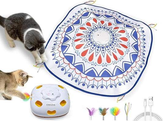 ORSDA Cat Toys, 4 in 1 Interactive Cat Toys for Indoor Cats, Automatic Cat Toy Electric Kitten Toys for Enrichment Hide and Seek, Chase The Feather, 8 Holes Mice Whack-A-Mole, Catch Magic Wand