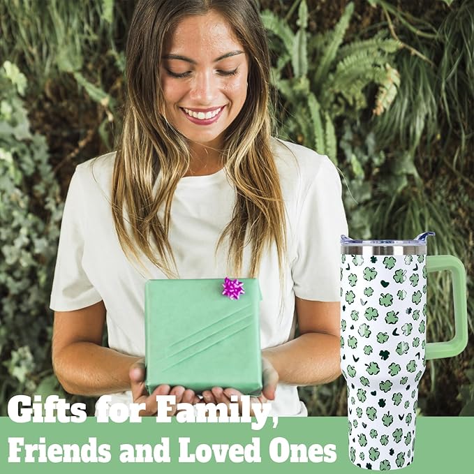 40 Oz St Patricks Day Tumbler 3d-Printed Green Irish Shamrocks Tumbler Clover Gifts for Women Men Insulated Travel Cup with Handle Lid and Straw