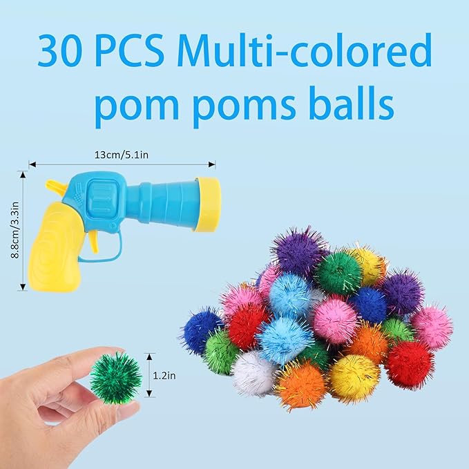 Dorhui Cat Toy Gun Launcher, 30 Pcs Sparkle Pom Pom Balls for Cat and Cat Ball Launcher, Cat Fetch Toy Gun Shooter, cat Toys for Indoor Cats, Interactive Glitter Pom Pom Balls for Kitty Gifts