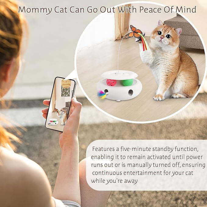 VTSGN 3-in-1 Cat Toy: Interactive Fun with Fluttering Butterfly, Ambush Feather, and Track Balls. USB Powered for Indoor Exercise (Bright White)