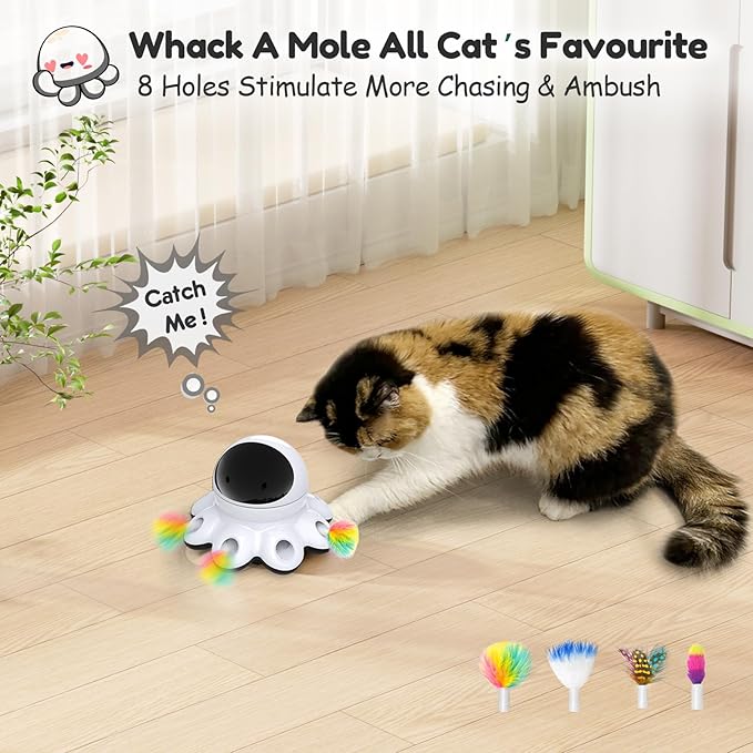 ORSDA Cat Laser Toy, 2-in-1 Green Laser Cat Toys, Automatic Cat Toys for Indoor cat, 8 Holes Mice Whack A Mole Moving Feather, USB Rechargeable Electronic Kitten Toys for All Breeds