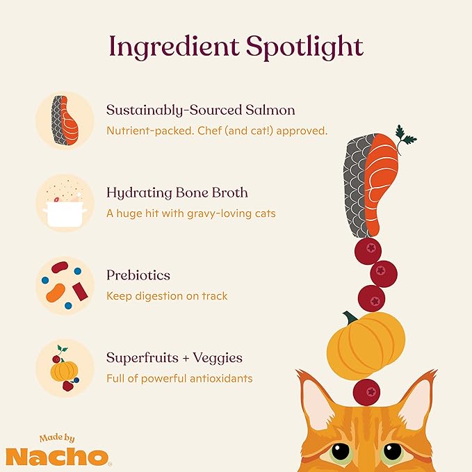 Made by Nacho Wet Cat Food, Cuts in Gravy, Sustainably-Caught Salmon with Bone Broth for Extra Hydration, (24) 3 oz. Pouches, Limited Ingredients