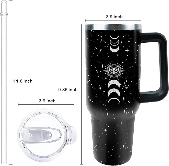 40 oz Tumbler with Handle and Straw, Stainless Steel Insulated Cup with Leak Proof Lid and Straw Lid, Keep Drinks Cold and Hot for Hours(Sun Moon)