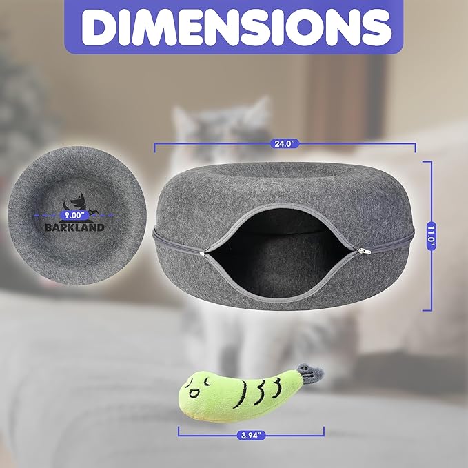 Cat Tunnel Bed - Felted Cat Bed with Fish Toy, Cat Beds for Indoor Cats, Scratch Detachable & Washable Tunnel Bed, Comfy Donut - Dark Gray