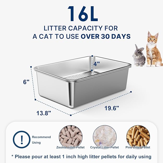19.7''x13.8''x6'' Stainless Steel Litter Box for Kittens, Sifting Litter Box for Pine Pellets, Metal Cat Litter Box Sifting Pan with Litter Scoop & Footboard, Low Dust, Odor Control & Easy Cleaning